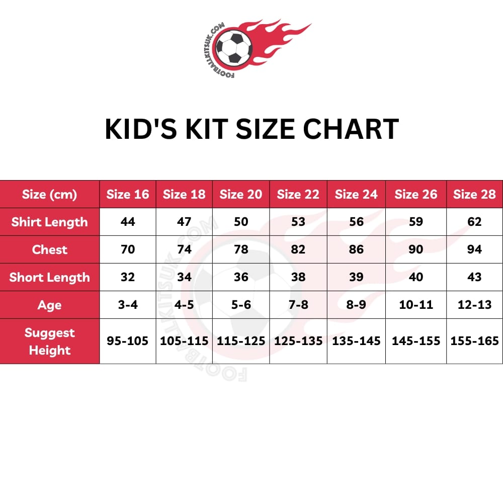 Kid's Football Kit UK Size Chart