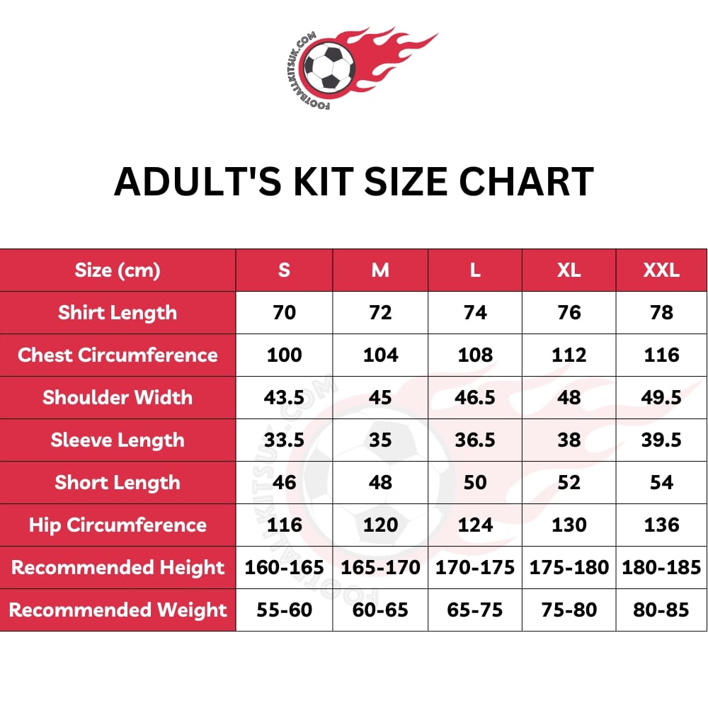 Adult's Football Shirt UK Size Chart